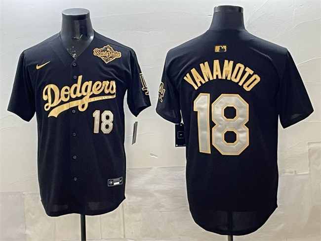 Men's Black Gold Los Angeles Dodgers #18 Yoshinobu Yamamoto 2025 World Series Patch Limited Stitched Baseball Jersey